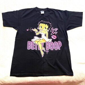 Betty Boop Hug Kisses Shirt Black Large Pink Lips Gildan Heavyweight VTG Cartoon